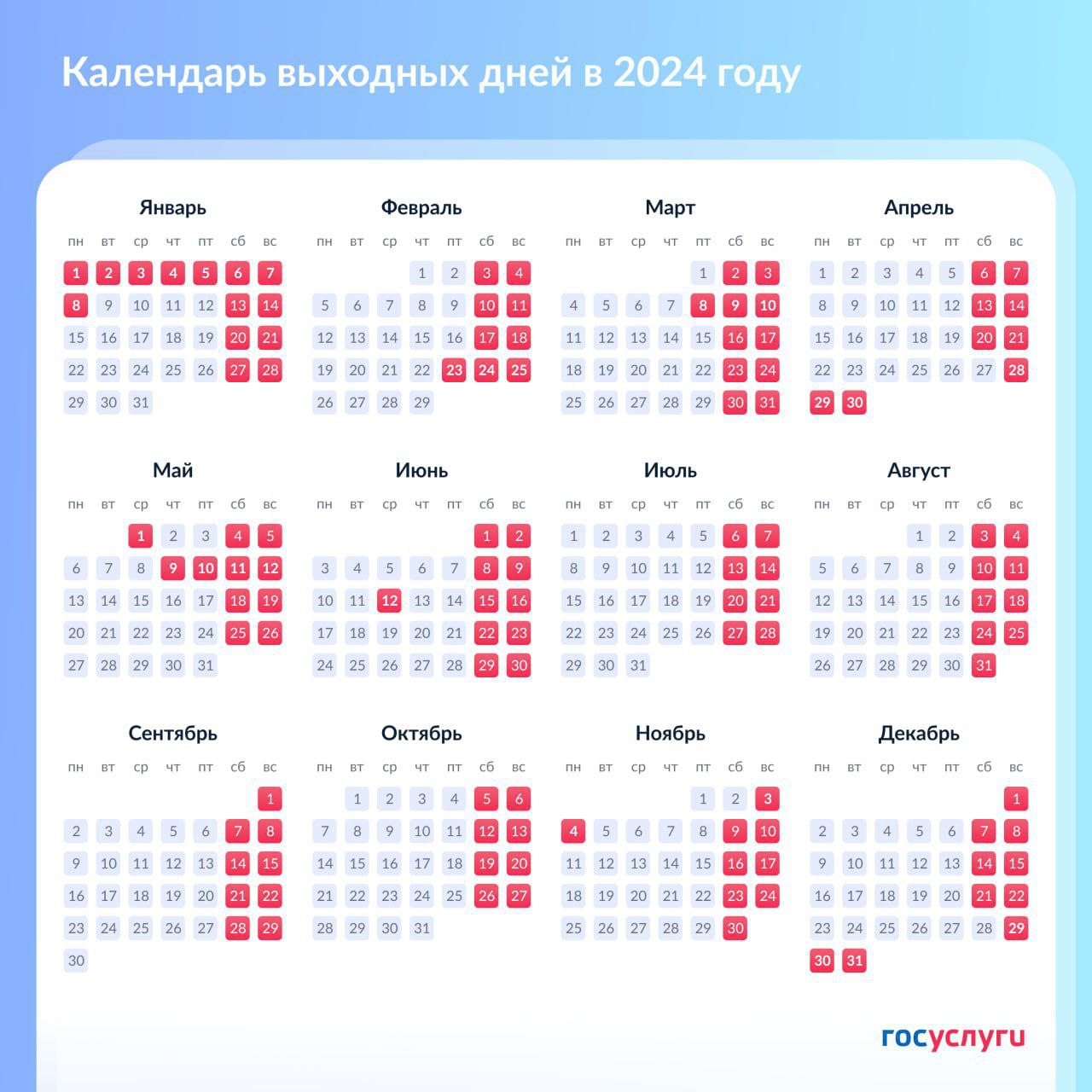  Все рабочие и выходные дни в 2024 году.